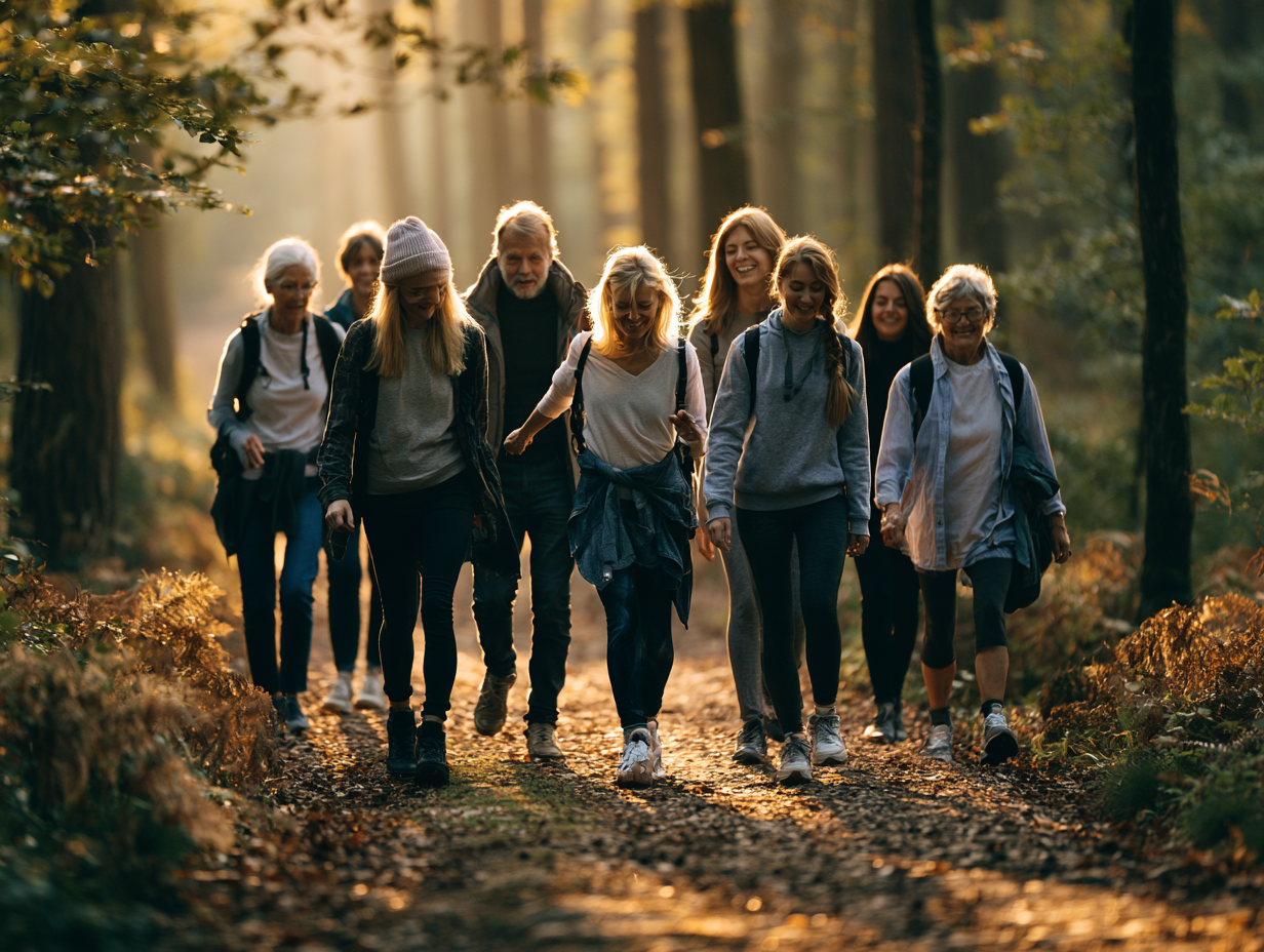 Groep sportief wandelen in het bos